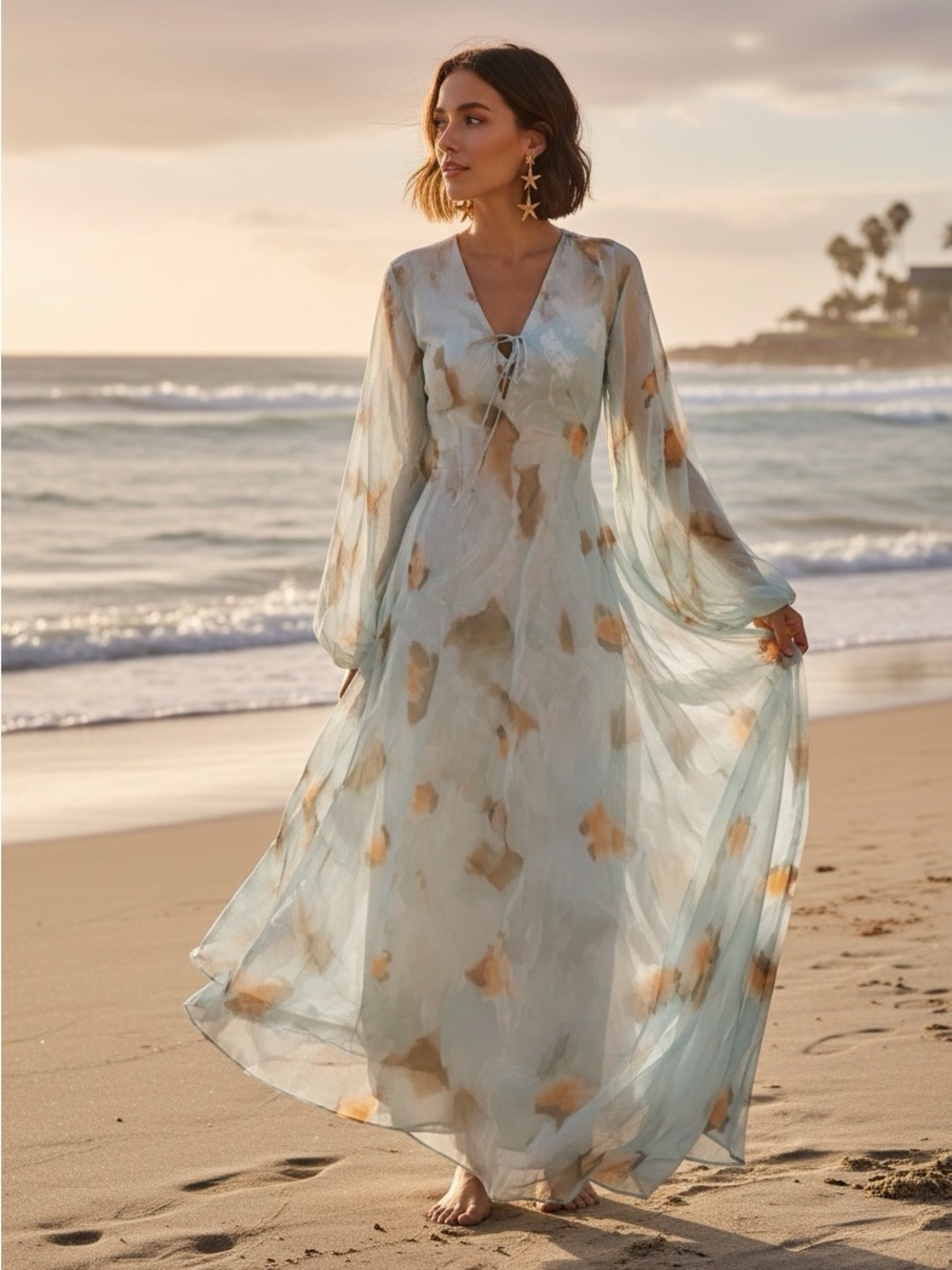 Caftan Summer Dress Light Aqua & Orange Watercolor Tie-Detail